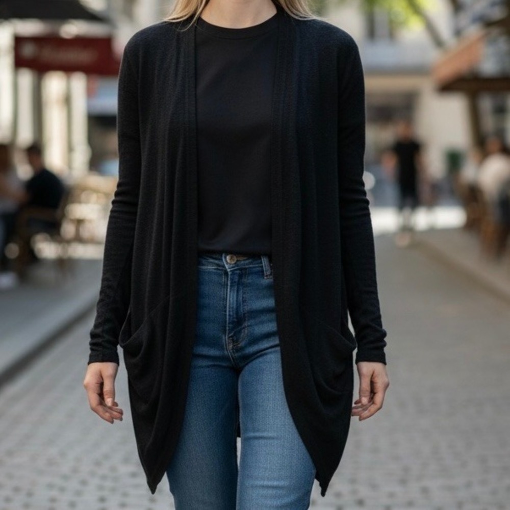 Allison Joy Black Open Front Cardigan Long Sleeve Pocketed Sweater OT976 Large